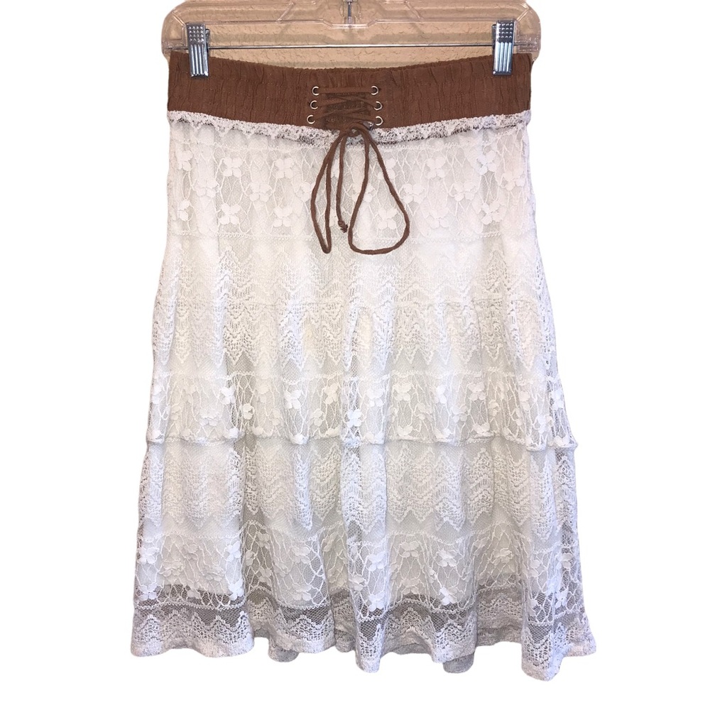 Lapis Bohemian Lace Skirt Faux Suede Tie Elastic Waistband Lined Size Medium